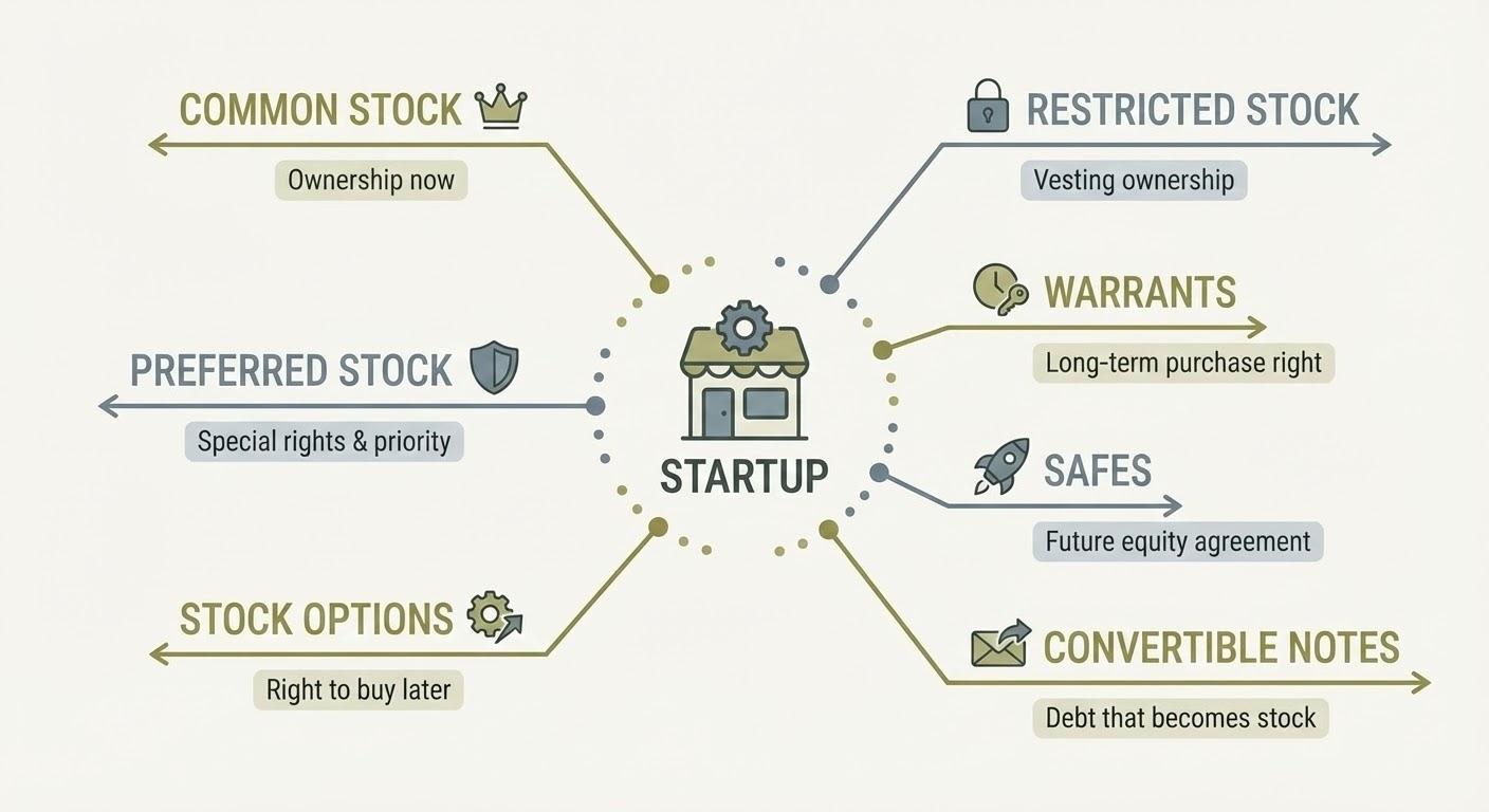 Startup equity instruments diagram showing common stock, preferred stock, options, warrants, SAFEs, and convertible notes